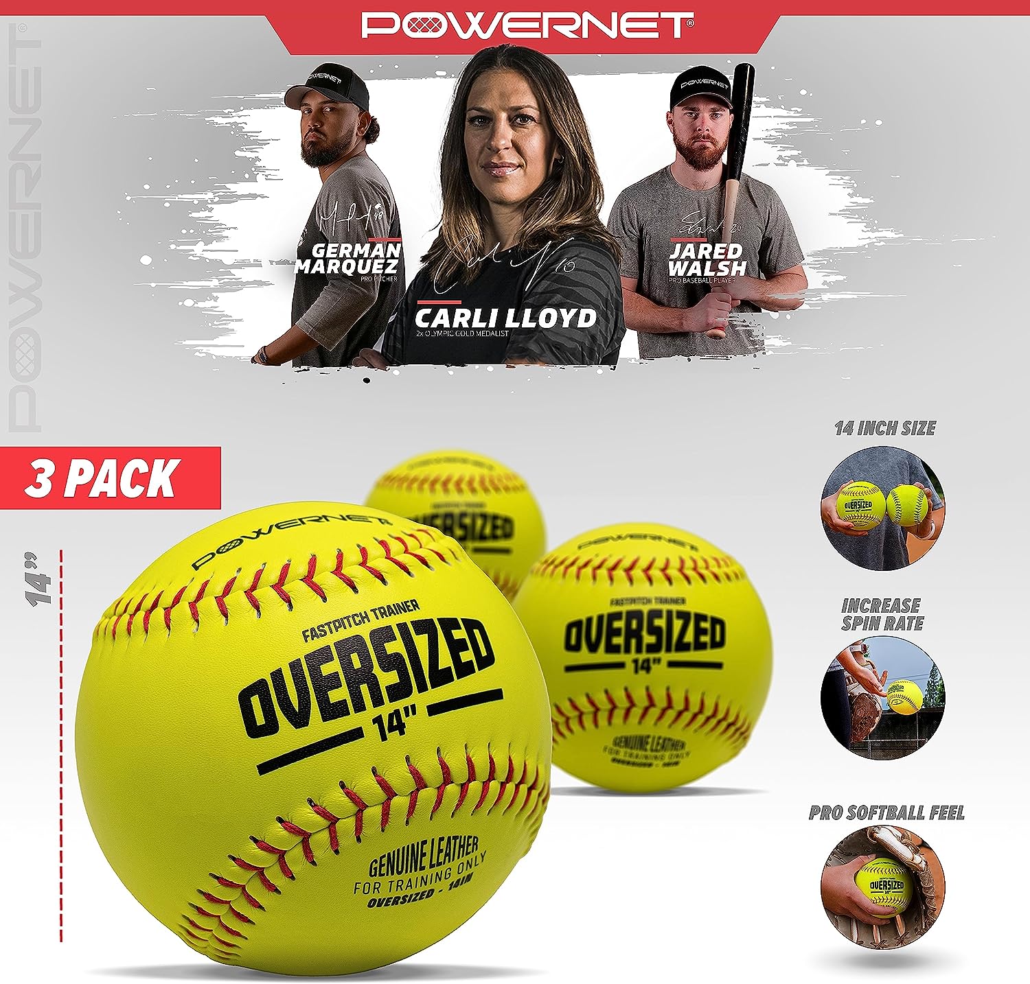Powernet Oversized Softball 3-Pack | 14 Inch Ball Genuine Leather