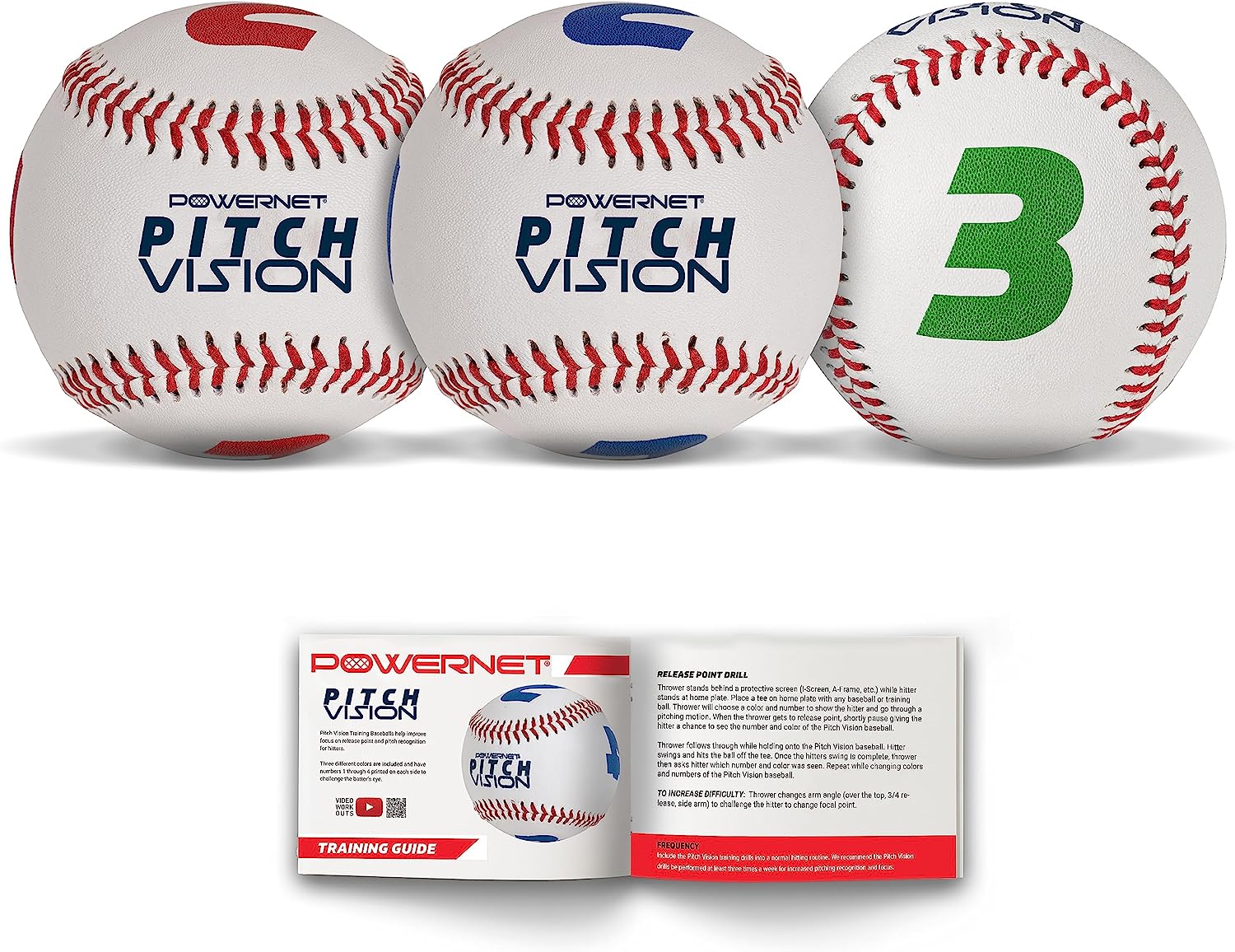 Powernet Pitch Vision Training Baseballs 3 or 9 Pack | 4 Numbered Sides | Multicolored