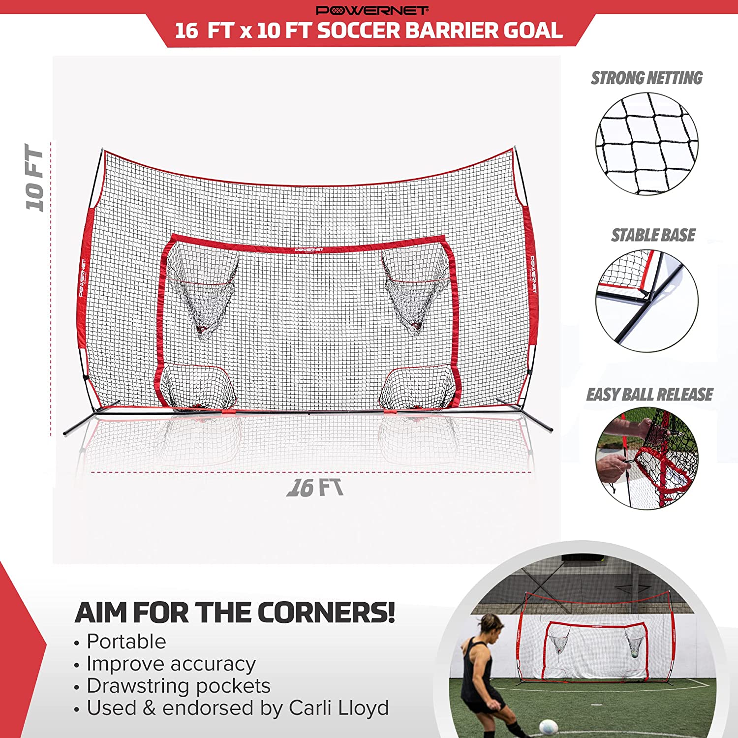 PowerNet Soccer Goal, 16x10 Ft Soccer Training Equipment Combo Barrier Soccer Net