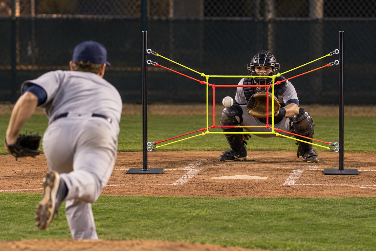 Illustrative evening Shadow Zone bullpen scene with pitcher and catcher
