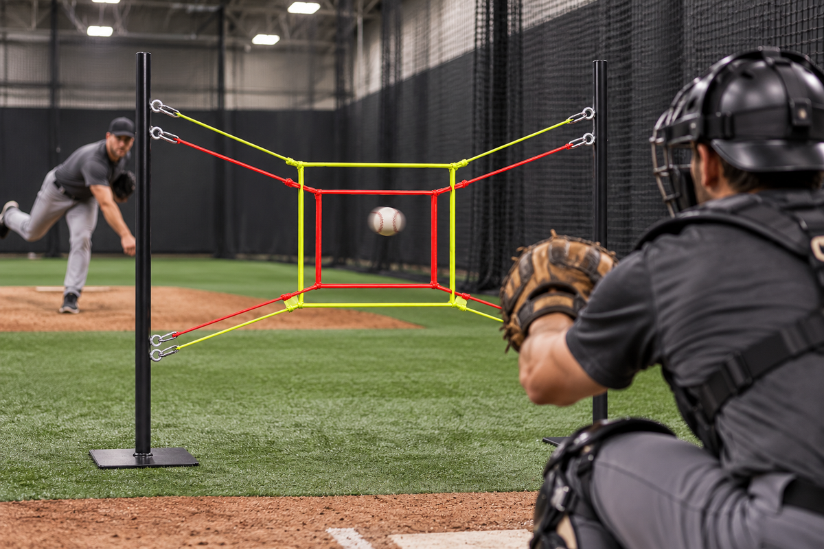 Illustrative indoor bullpen Shadow Zone scene with pitcher and catcher