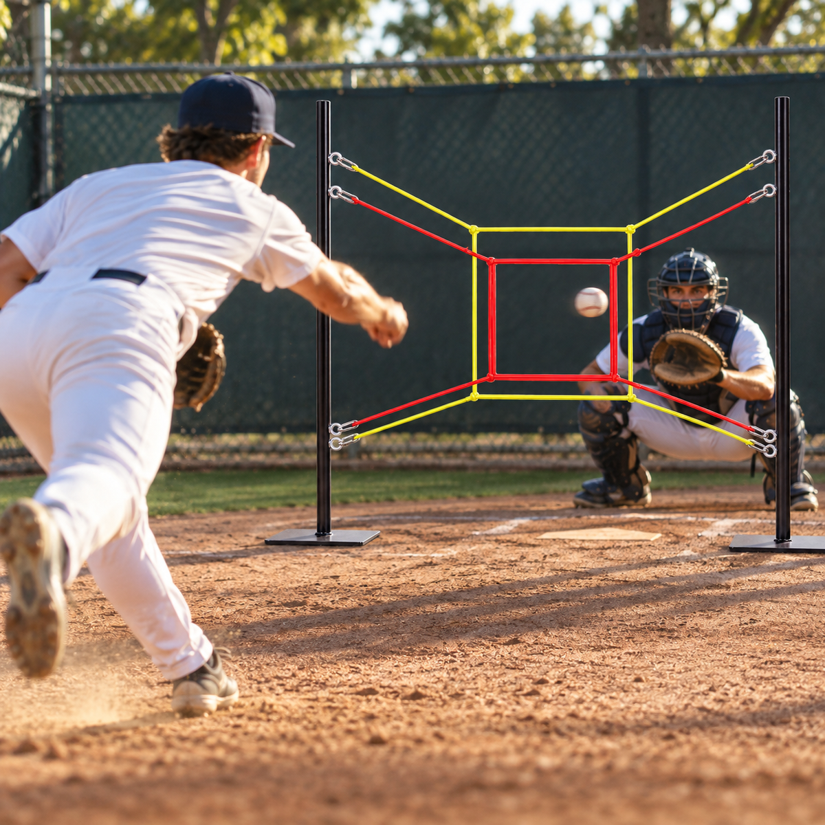 Illustrative Shadow Zone baseball action scene with pitcher and catcher