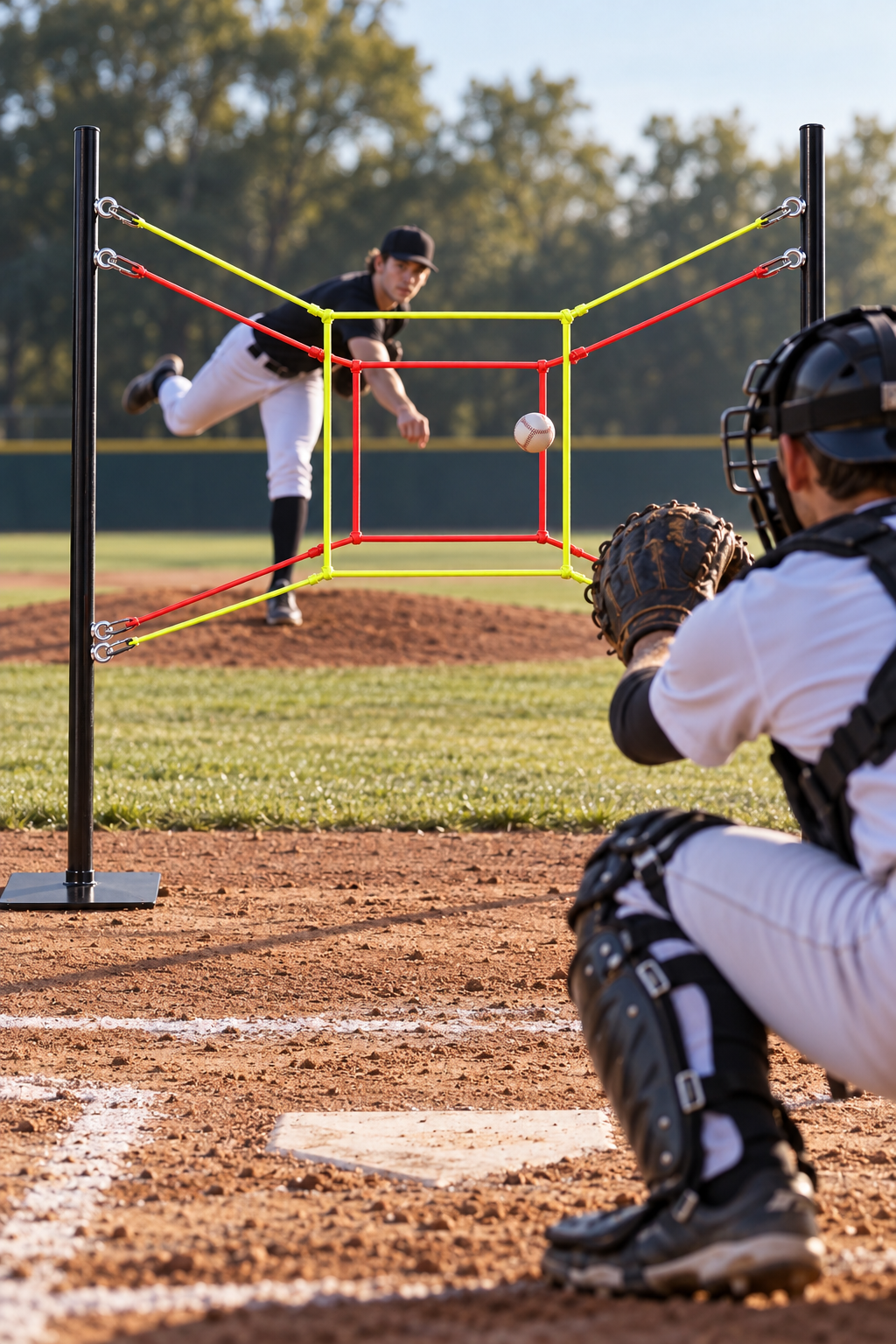 Illustrative vertical Shadow Zone baseball scene with pitcher and catcher