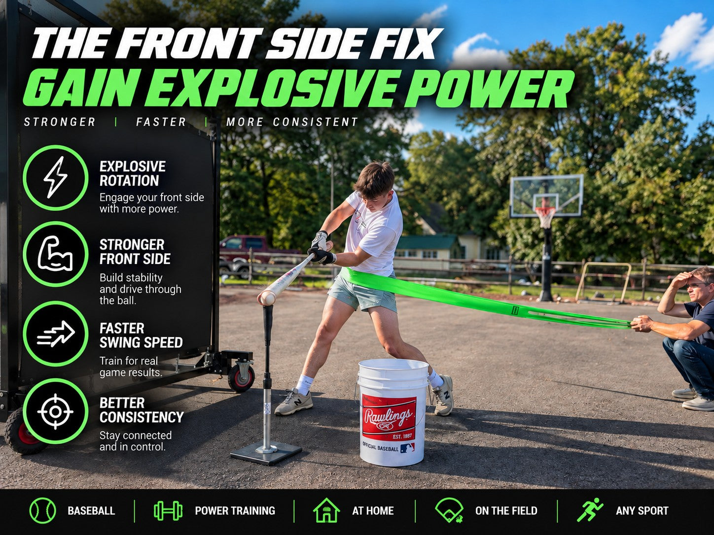 Baseball hitter practicing rotation with a green ACEBANDZ resistance band and a batting tee