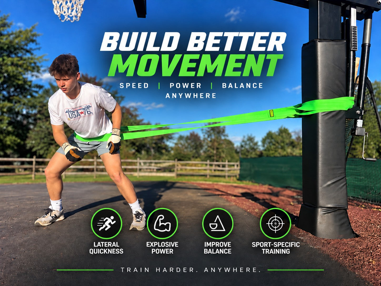 Athlete using a green ACEBANDZ resistance band outdoors for lateral quickness, power and balance training