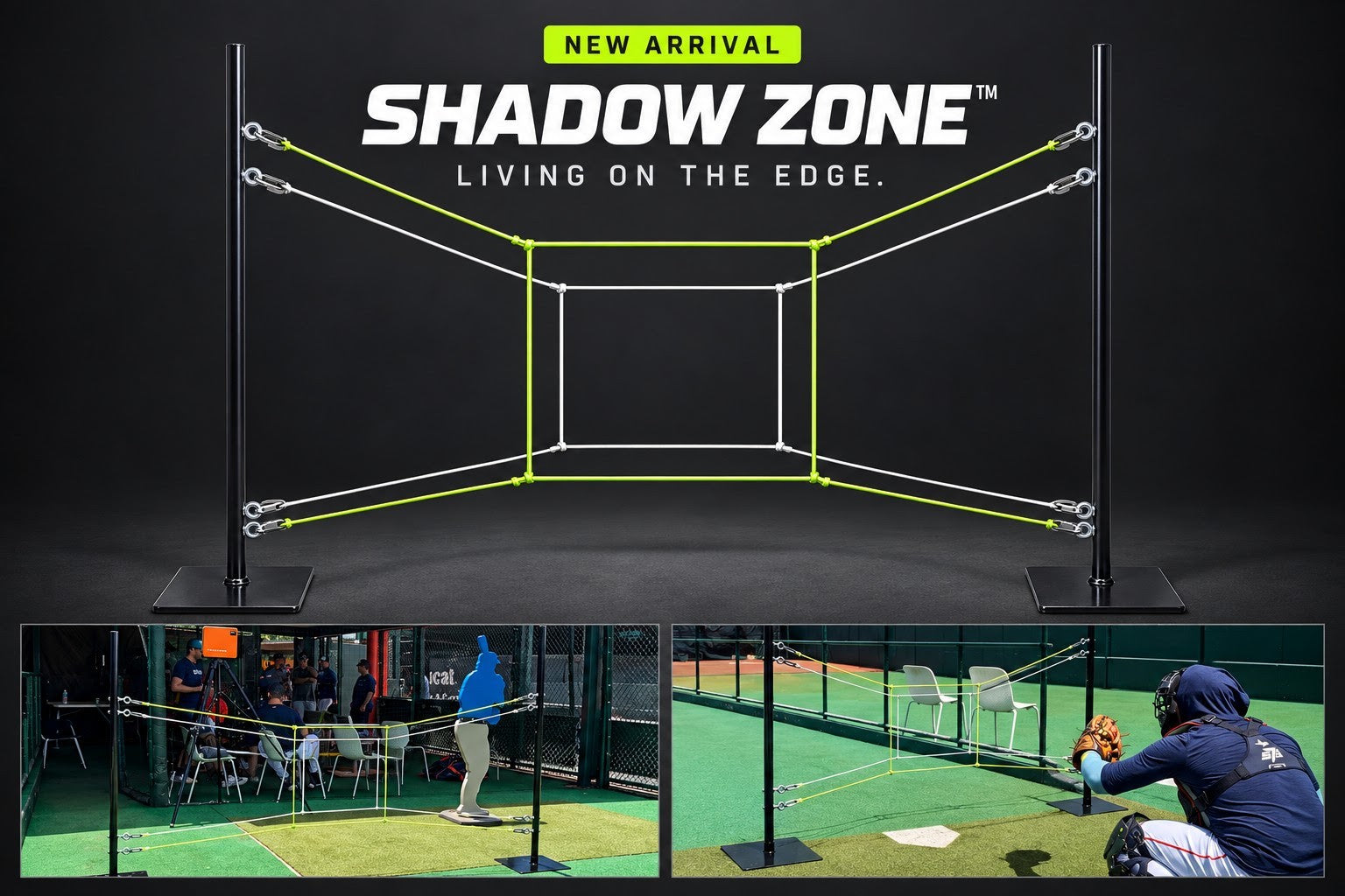 Shadow Zone adjustable dual zone pitching target with green and white target strings, shown in bullpen training
